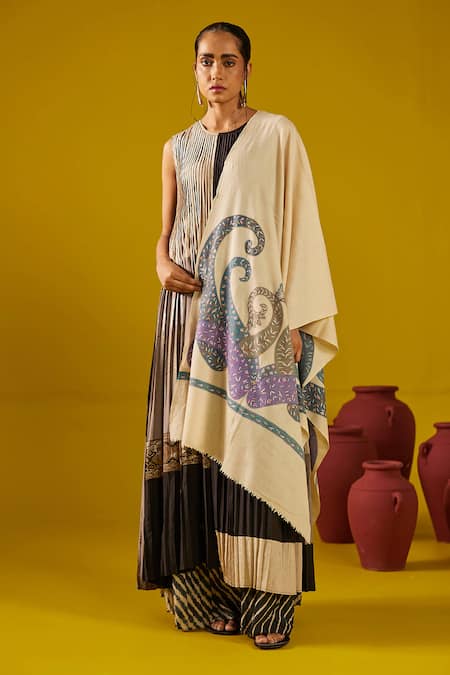SHAZA Multi Color Pashmina Kalamkari Border Stole 