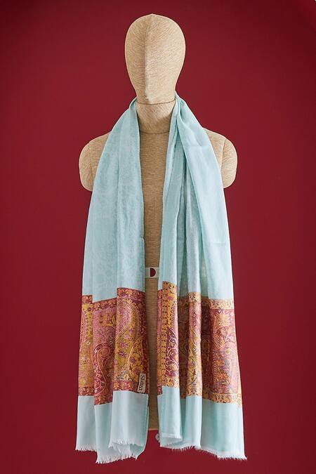 Shop SHAZA Blue Kani Stole In Cyan And Mustard at Aza Fashions Shop_SHAZA_Blue Kani Stole In Cyan And Mustard_at_Aza_Fashions