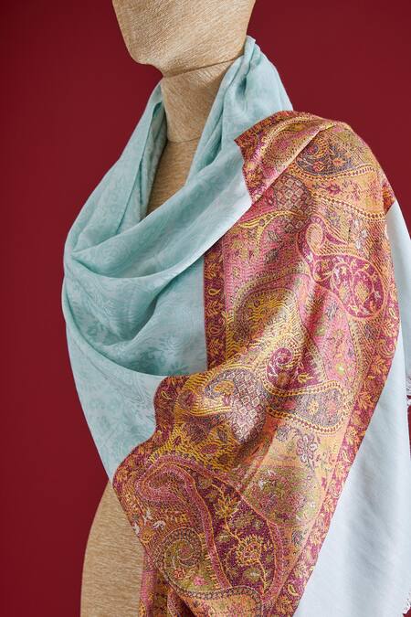 SHAZA Blue Kani Stole In Cyan And Mustard Online at Aza Fashions SHAZA_Blue Kani Stole In Cyan And Mustard_Online_at_Aza_Fashions