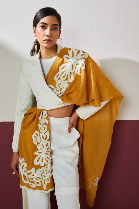 SHAZA_Yellow Designer Velvet Affair Stole _Online_at_Aza_Fashions