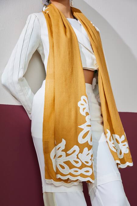 Buy_SHAZA_Yellow Designer Velvet Affair Stole _Online_at_Aza_Fashions