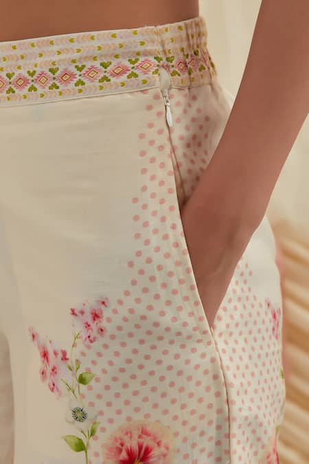 Pozruh By Aiman_Beige Linen, Silk Embroidery, Beads Collared Bali Breeze Floral Shirt And Pant Set _Online_at_Aza_Fashions