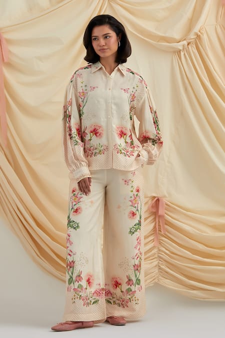 Buy_Pozruh By Aiman_Beige Linen, Silk Embroidery, Beads Collared Bali Breeze Floral Shirt And Pant Set _Online_at_Aza_Fashions