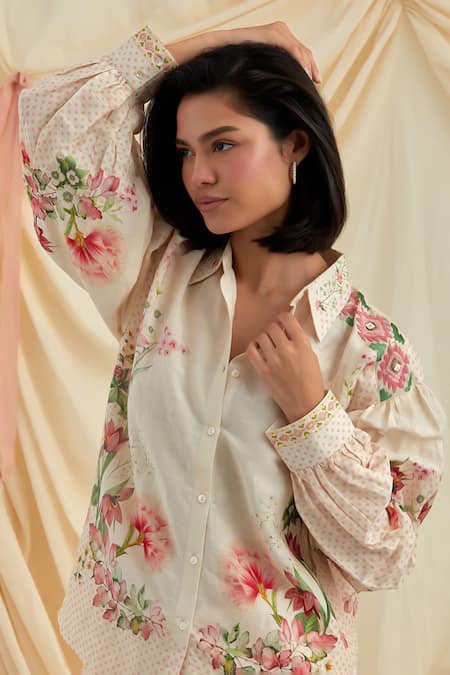Shop_Pozruh By Aiman_Beige Linen, Silk Embroidery, Beads Collared Bali Breeze Floral Shirt And Pant Set _Online_at_Aza_Fashions