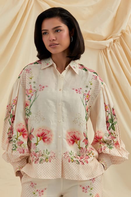 Buy_Pozruh By Aiman_Beige Linen, Silk Embroidery, Beads Collared Bali Breeze Floral Shirt And Pant Set 