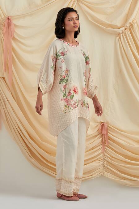 Pozruh By Aiman_Beige Linen, Silk Embroidery, Beads Round Neck Kurta And Pant Set _Online_at_Aza_Fashions