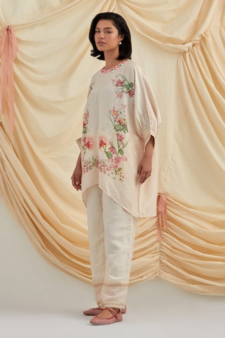 Buy_Pozruh By Aiman_Beige Linen, Silk Embroidery, Beads Round Neck Kurta And Pant Set _Online_at_Aza_Fashions
