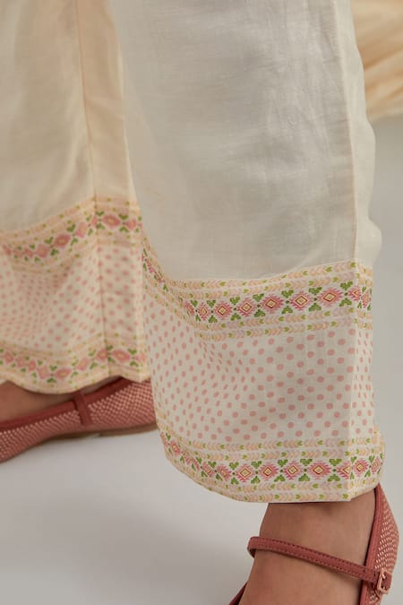 Shop_Pozruh By Aiman_Beige Linen, Silk Embroidery, Beads Round Neck Kurta And Pant Set _Online_at_Aza_Fashions