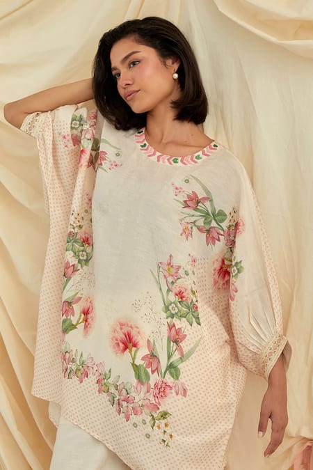 Pozruh By Aiman_Beige Linen, Silk Embroidery, Beads Round Neck Kurta And Pant Set _at_Aza_Fashions