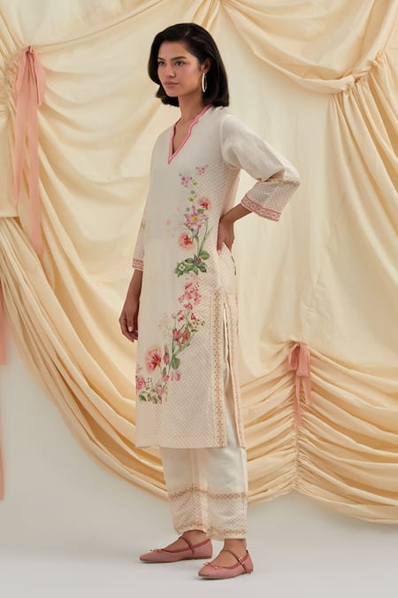 Pozruh By Aiman_Beige Linen, Vegan , Beads Split V-neck Floral Embroidered Kurta Set _Online_at_Aza_Fashions