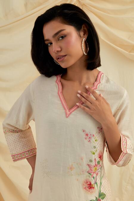 Shop_Pozruh By Aiman_Beige Linen, Vegan , Beads Split V-neck Floral Embroidered Kurta Set _Online_at_Aza_Fashions