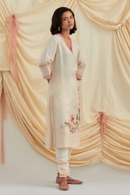 Pozruh By Aiman_Beige Linen, Vegan , Beads Split V-neck Floral Embroidered Kurta Set _at_Aza_Fashions