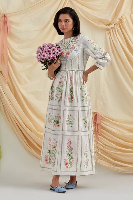 Pozruh By Aiman_White Cotton, Hemp Embroidery Round Neck Bouquet Maxi Dress _Online_at_Aza_Fashions