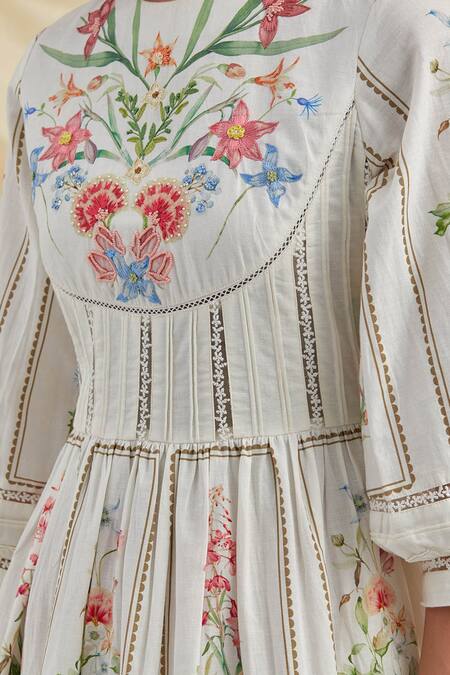 Buy_Pozruh By Aiman_White Cotton, Hemp Embroidery Round Neck Bouquet Maxi Dress _Online_at_Aza_Fashions