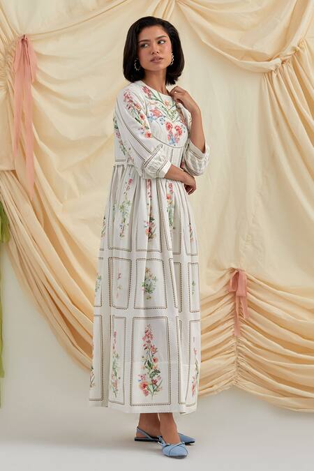 Shop_Pozruh By Aiman_White Cotton, Hemp Embroidery Round Neck Bouquet Maxi Dress _Online_at_Aza_Fashions