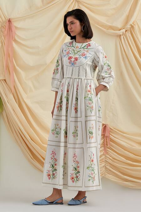 Pozruh By Aiman_White Cotton, Hemp Embroidery Round Neck Bouquet Maxi Dress _at_Aza_Fashions