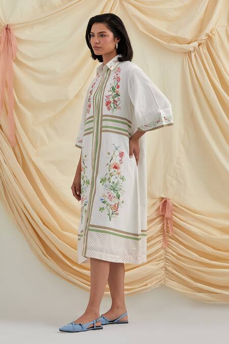 Buy_Pozruh By Aiman_White Cotton, Hemp Embroidery Collared Bouquet Shirt Dress _Online_at_Aza_Fashions