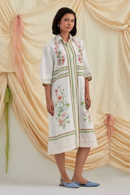 Shop_Pozruh By Aiman_White Cotton, Hemp Embroidery Collared Bouquet Shirt Dress _Online_at_Aza_Fashions