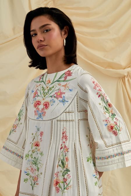 Pozruh By Aiman_White Cotton, Hemp Embroidery Round Neck Bouquet Pleated Dress _Online_at_Aza_Fashions