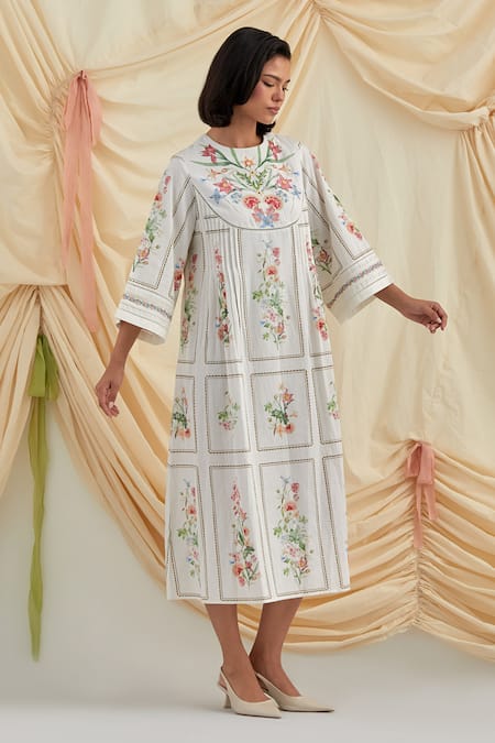 Buy_Pozruh By Aiman_White Cotton, Hemp Embroidery Round Neck Bouquet Pleated Dress _Online_at_Aza_Fashions