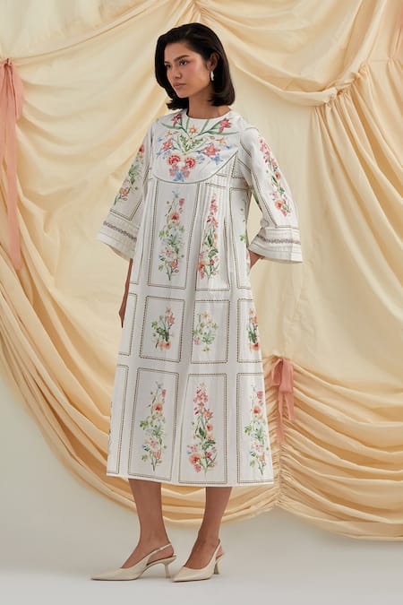Shop_Pozruh By Aiman_White Cotton, Hemp Embroidery Round Neck Bouquet Pleated Dress _Online_at_Aza_Fashions