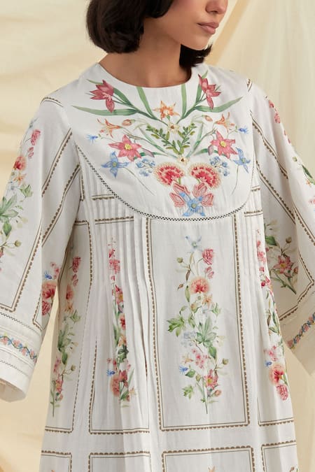 Pozruh By Aiman_White Cotton, Hemp Embroidery Round Neck Bouquet Pleated Dress _at_Aza_Fashions