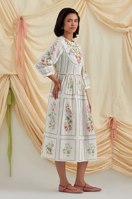 Pozruh By Aiman_White Cotton Embroidery Round Neck Bouquet Midi Dress _Online_at_Aza_Fashions