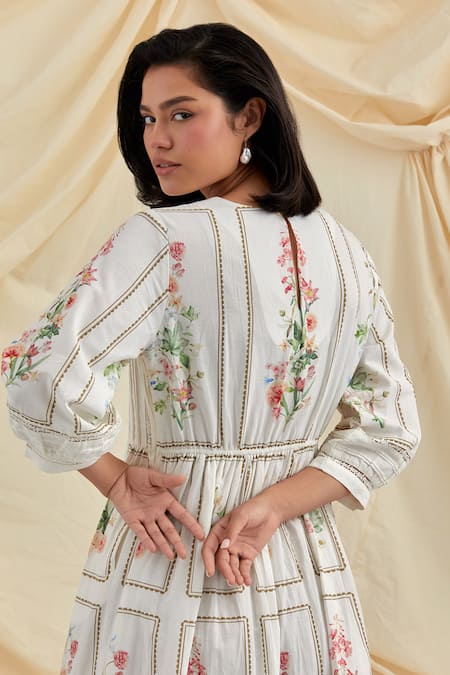 Shop_Pozruh By Aiman_White Cotton Embroidery Round Neck Bouquet Midi Dress _Online_at_Aza_Fashions
