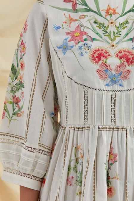 Pozruh By Aiman_White Cotton Embroidery Round Neck Bouquet Midi Dress _at_Aza_Fashions