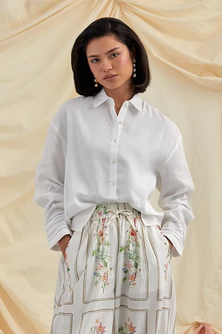 Pozruh by Aiman White Cotton, Hemp Embroidery Collared Designer Lily Shirt 