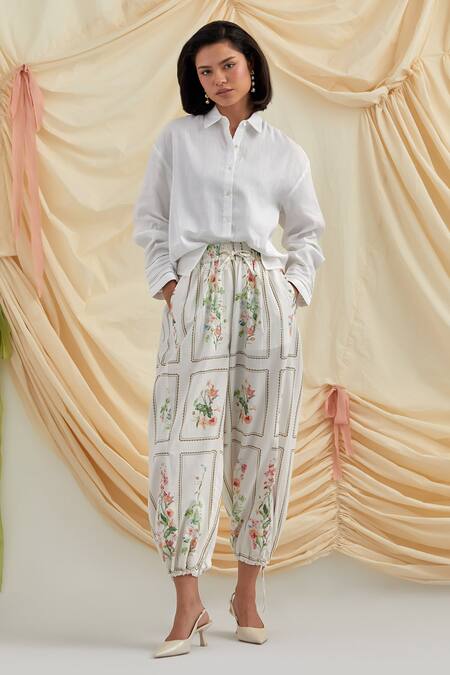 Pozruh By Aiman_White Cotton, Hemp Embroidery Collared Designer Lily Shirt _Online_at_Aza_Fashions