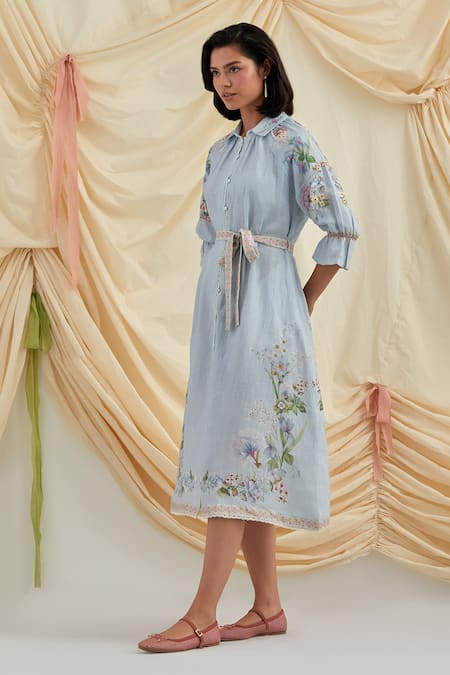 Pozruh By Aiman_Sky Blue Cotton, Hemp Beads, Embroidery Collared Designer Shirt Dress _Online_at_Aza_Fashions