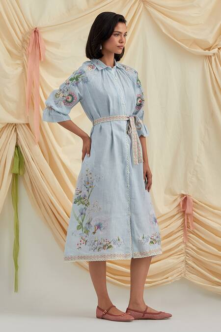 Buy_Pozruh By Aiman_Sky Blue Cotton, Hemp Beads, Embroidery Collared Designer Shirt Dress _Online_at_Aza_Fashions