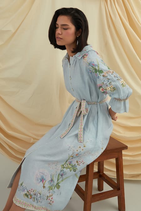 Shop_Pozruh By Aiman_Sky Blue Cotton, Hemp Beads, Embroidery Collared Designer Shirt Dress _Online_at_Aza_Fashions