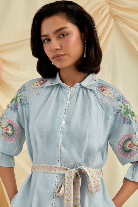 Pozruh By Aiman_Sky Blue Cotton, Hemp Beads, Embroidery Collared Designer Shirt Dress _at_Aza_Fashions