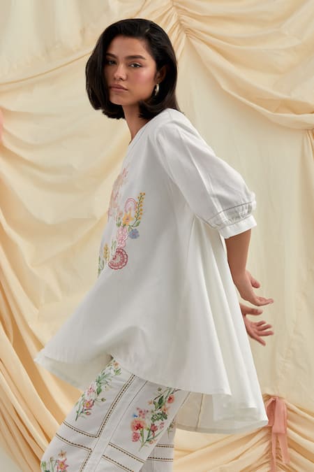 Pozruh By Aiman_White Cotton, Hemp Embroidery Round Neck Floral Swayer Top And Trouser Set _Online_at_Aza_Fashions