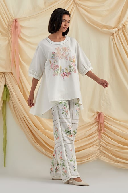 Buy_Pozruh By Aiman_White Cotton, Hemp Embroidery Round Neck Floral Swayer Top And Trouser Set _Online_at_Aza_Fashions