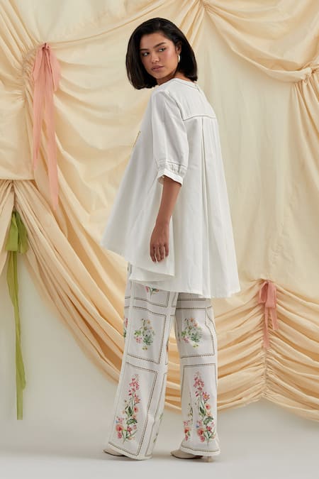 Shop_Pozruh By Aiman_White Cotton, Hemp Embroidery Round Neck Floral Swayer Top And Trouser Set _Online_at_Aza_Fashions