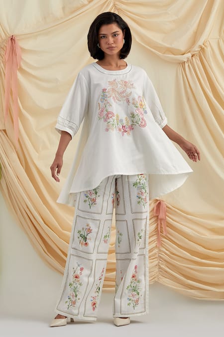 Pozruh by Aiman White Cotton, Hemp Embroidery Round Neck Floral Swayer Top And Trouser Set 