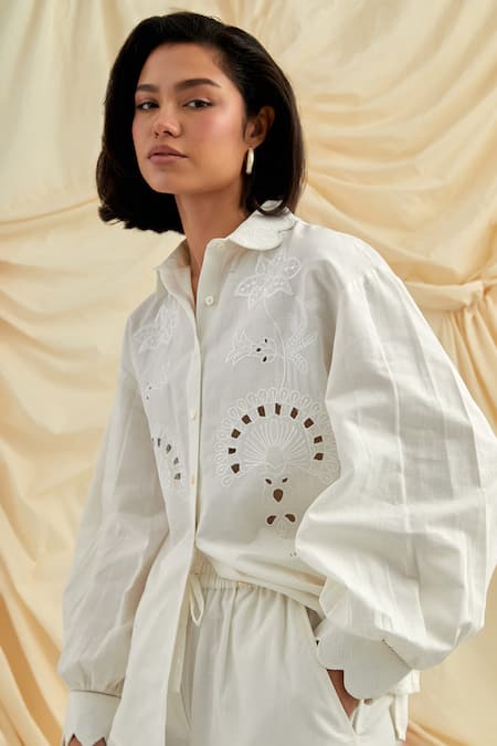 Pozruh By Aiman White Cotton, Hemp Embroidery, Cut Work Collared Swan Shirt And Trouser Set Online at Aza Fashions Pozruh By Aiman_White Cotton, Hemp Embroidery, Cut Work Collared Swan Shirt And Trouser Set _Online_at_Aza_Fashions