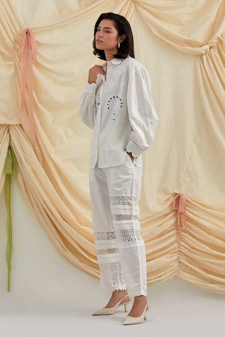 Buy Pozruh By Aiman White Cotton, Hemp Embroidery, Cut Work Collared Swan Shirt And Trouser Set Online at Aza Fashions Buy_Pozruh By Aiman_White Cotton, Hemp Embroidery, Cut Work Collared Swan Shirt And Trouser Set _Online_at_Aza_Fashions