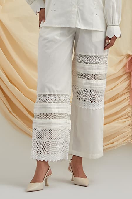 Shop Pozruh By Aiman White Cotton, Hemp Embroidery, Cut Work Collared Swan Shirt And Trouser Set Online at Aza Fashions Shop_Pozruh By Aiman_White Cotton, Hemp Embroidery, Cut Work Collared Swan Shirt And Trouser Set _Online_at_Aza_Fashions