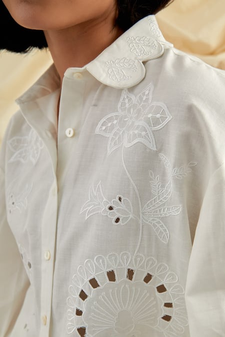 Pozruh By Aiman White Cotton, Hemp Embroidery, Cut Work Collared Swan Shirt And Trouser Set at Aza Fashions Pozruh By Aiman_White Cotton, Hemp Embroidery, Cut Work Collared Swan Shirt And Trouser Set _at_Aza_Fashions