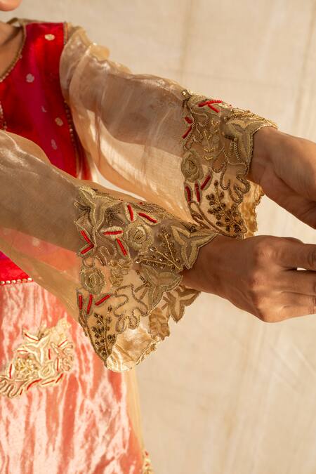 Neitri_Red Silk, Brocade, Tissue Embroidery, Beads Split V-neck Tarini Suit Set _Online_at_Aza_Fashions