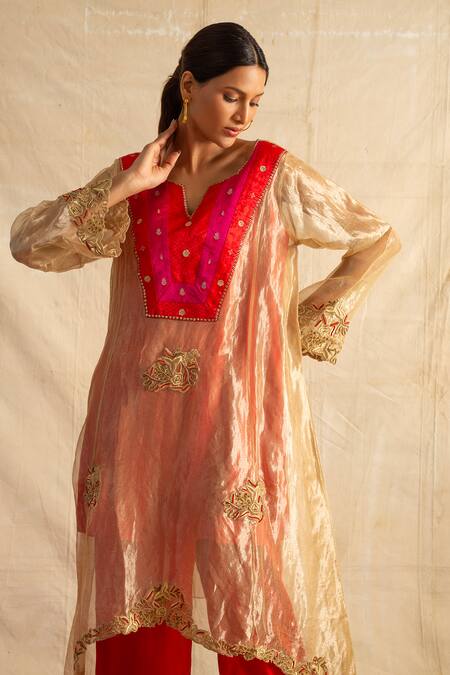 Buy_Neitri_Red Silk, Brocade, Tissue Embroidery, Beads Split V-neck Tarini Suit Set _Online_at_Aza_Fashions