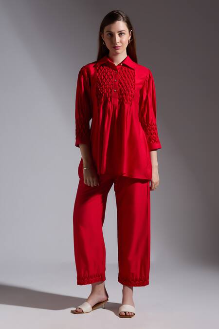 Buy Neha Gursahani Red Silk Smocking Collared Smocked Top And Pant Set Online at Aza Fashions Buy_Neha Gursahani_Red Silk Smocking Collared Smocked Top And Pant Set _Online_at_Aza_Fashions