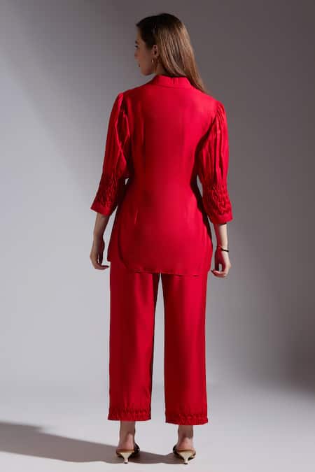 Shop Neha Gursahani Red Silk Smocking Collared Smocked Top And Pant Set at Aza Fashions Shop_Neha Gursahani_Red Silk Smocking Collared Smocked Top And Pant Set _at_Aza_Fashions