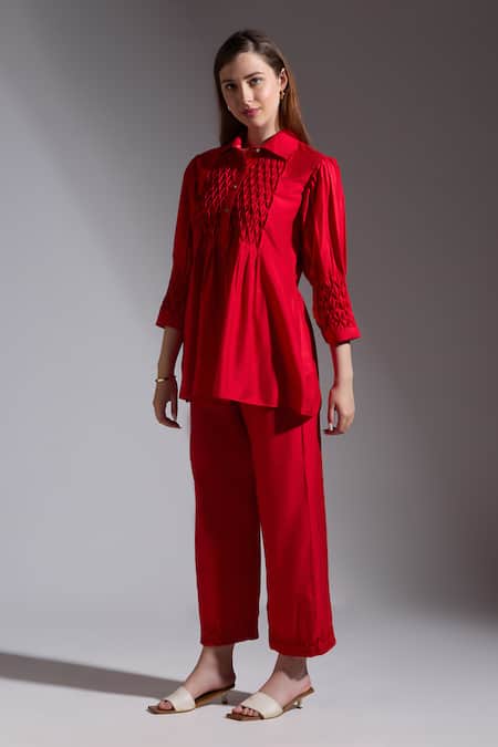 Shop Neha Gursahani Red Silk Smocking Collared Smocked Top And Pant Set Online at Aza Fashions Shop_Neha Gursahani_Red Silk Smocking Collared Smocked Top And Pant Set _Online_at_Aza_Fashions