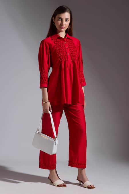 Neha Gursahani Red Silk Smocking Collared Smocked Top And Pant Set
