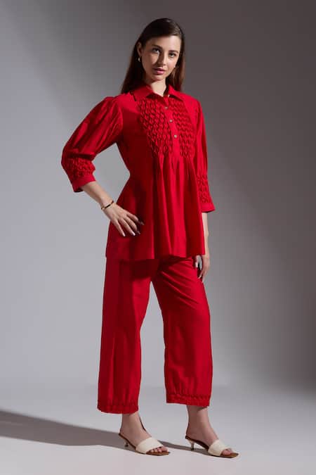 Buy Neha Gursahani Red Silk Smocking Collared Smocked Top And Pant Set Buy_Neha Gursahani_Red Silk Smocking Collared Smocked Top And Pant Set